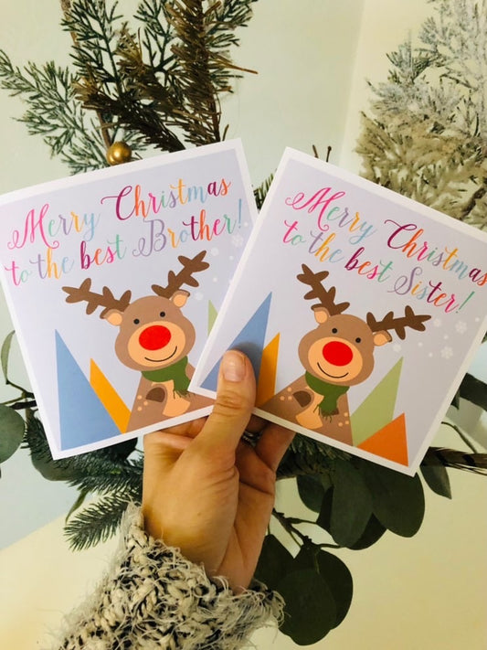 Reindeer Merry Christmas to the best Sister, Brother, Cousin, personalised name card