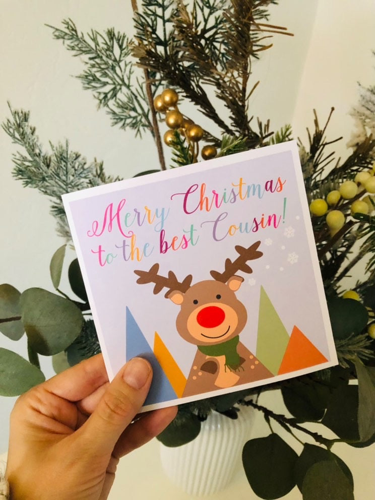 Reindeer Merry Christmas to the best Sister, Brother, Cousin, personalised name card