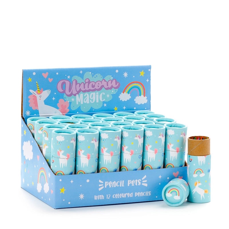 Unicorn pencil pot with colouring pencils