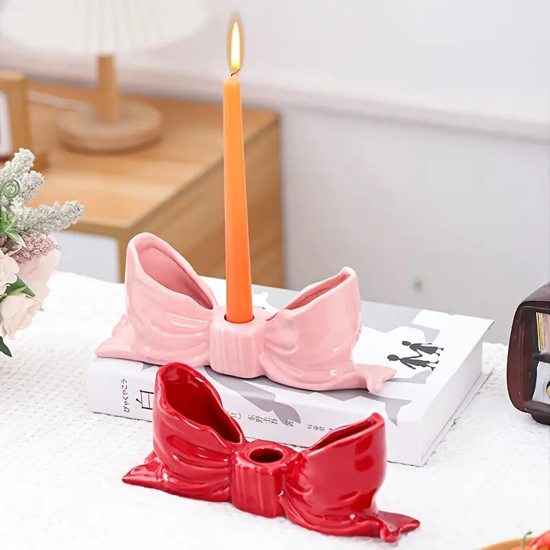 Ceramic Bow Candle Holder, Pink