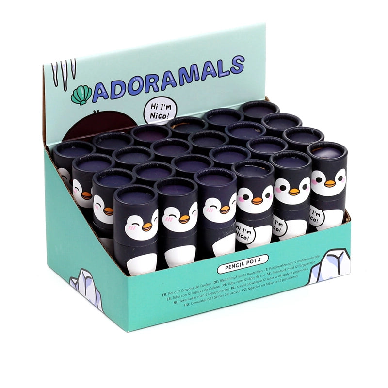 Penguin pencil pot with colouring pencils