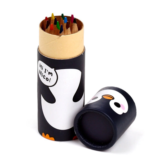 Penguin pencil pot with colouring pencils